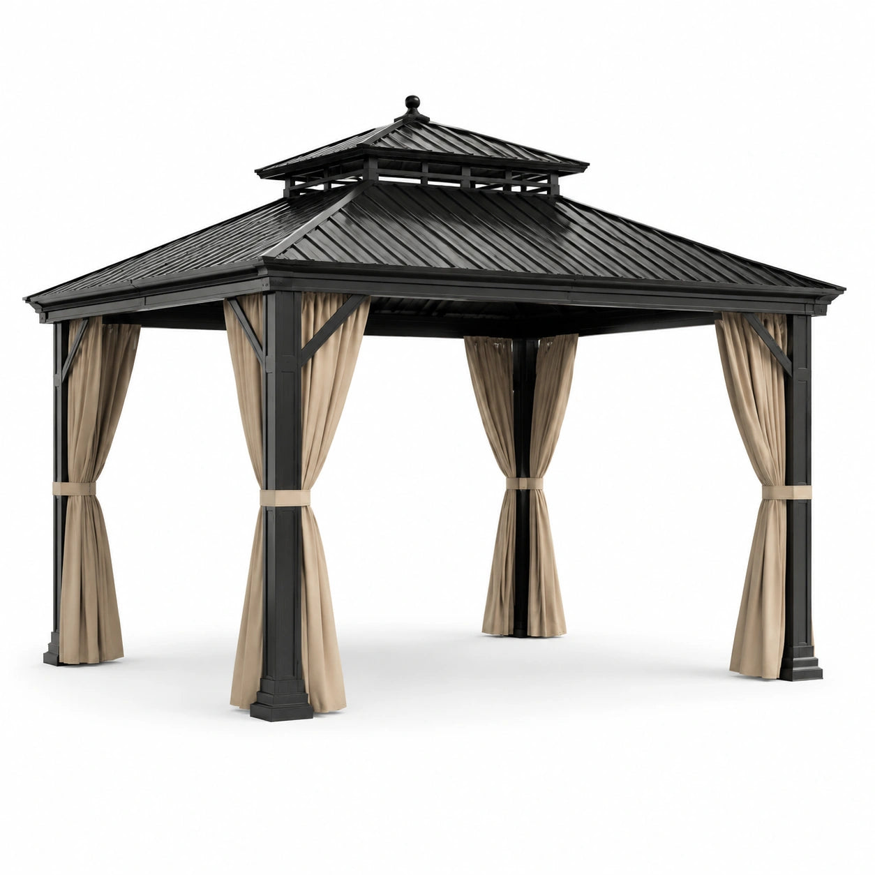 Metall-Pavillon mit Stahl-Dach und Polyester-Vorhängen 3x3m Schwarz/Beige