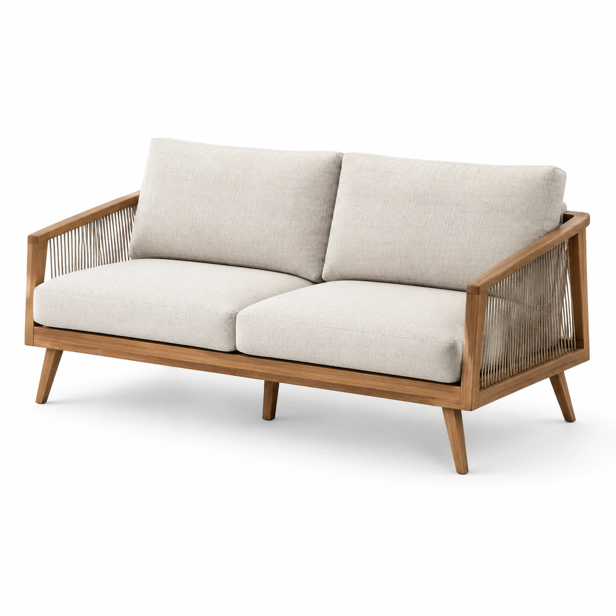 2-Sitzer Sofa aus Akazienholz und Polyester in Beige