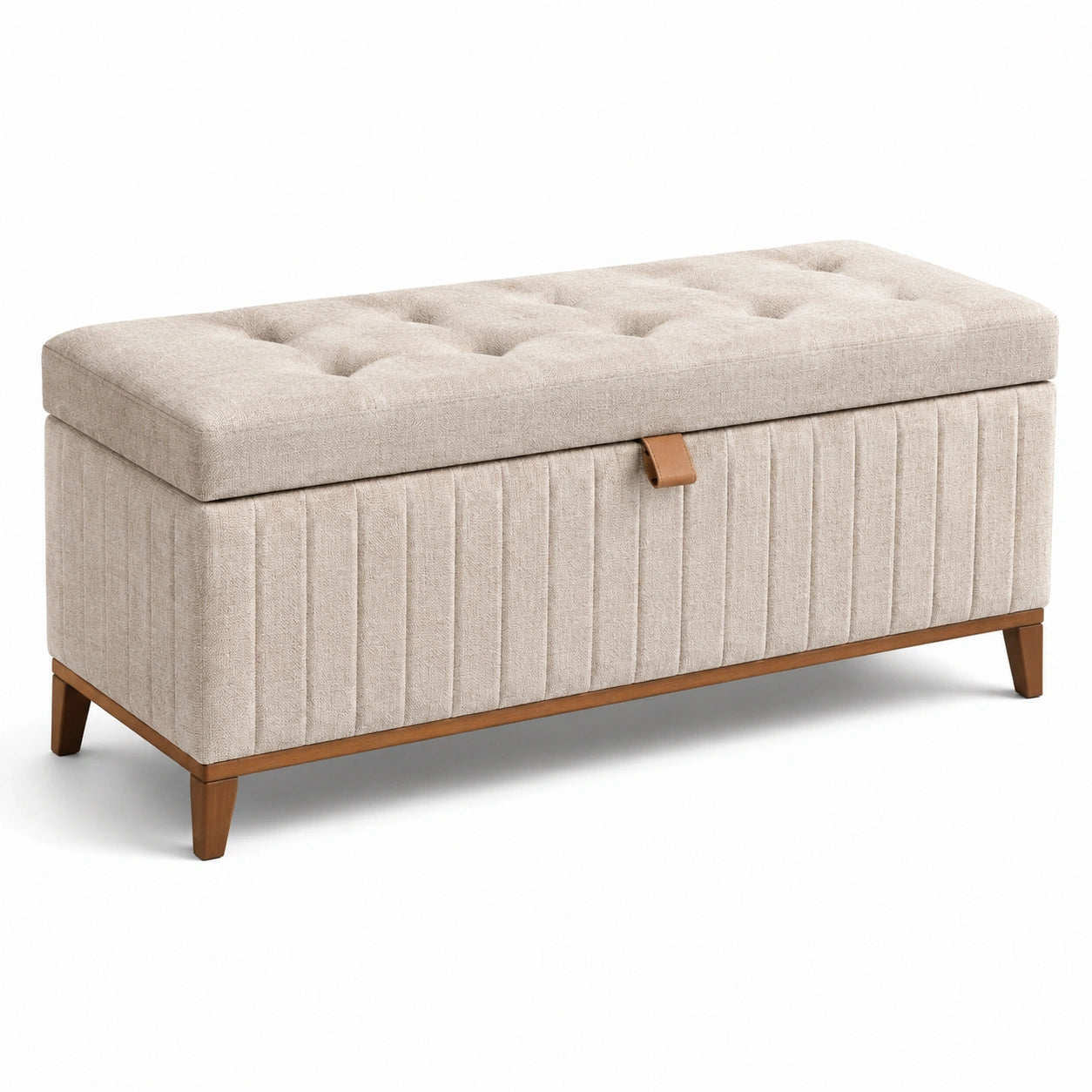 Stoff Aufbewahrungsbank Beige Holzbeine 120cm x 40cm x 45cm