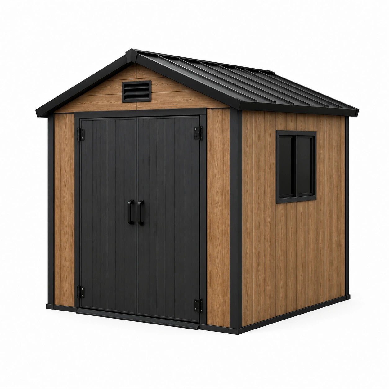 Kunststoff Gartenhaus mit Doppeltür und Fenster in Holzoptik Schwarz/Braun