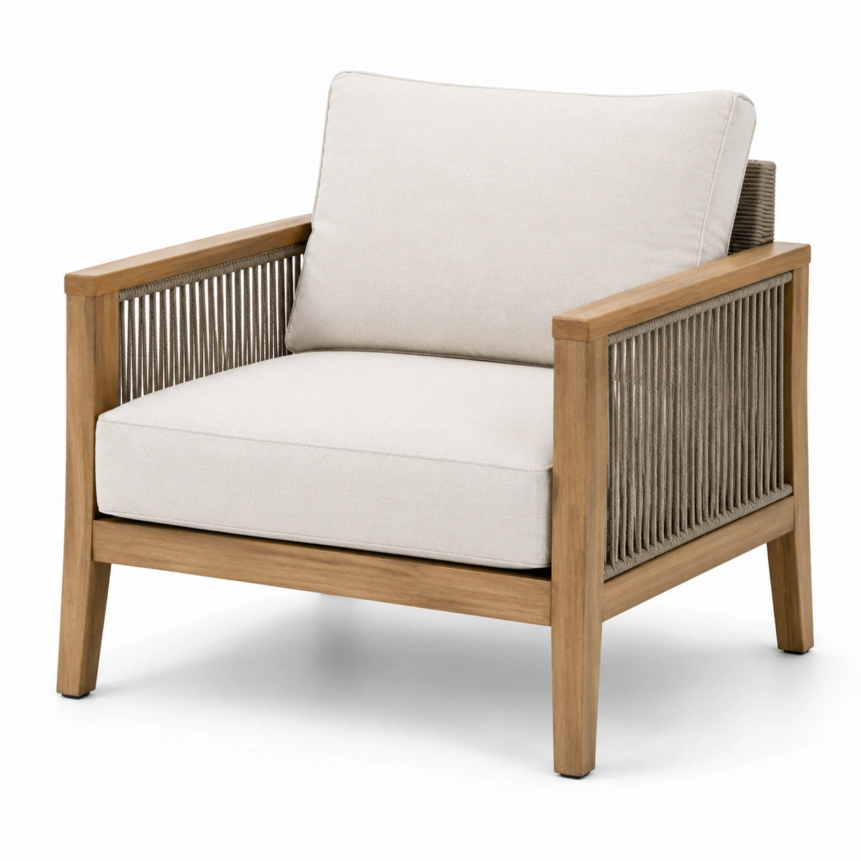Garten-Loungesessel Akazienholz mit Polyesterseilen und Kissen Beige