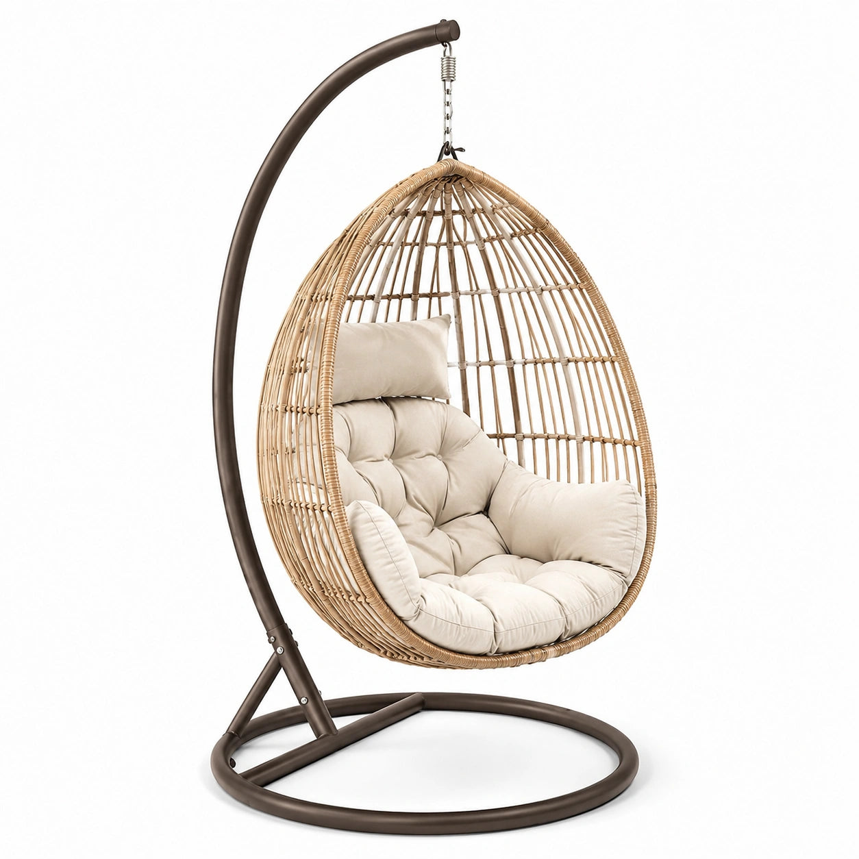 Rattan Hängesessel mit Stahlrahmen und Polyesterkissen Beige